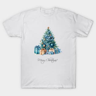 Vintage Blue Christmas Tree Watercolor Art T-Shirt